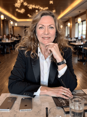 Holly Toscanini smiling with a pen and phones on the table